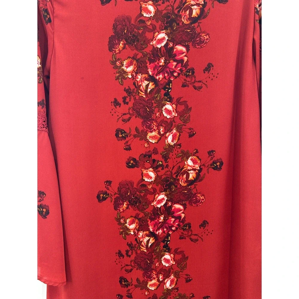 Altar'd State Floral Boho Mini Dress Lace Up Bell Sleeve Romantic M - Picture 5 of 6